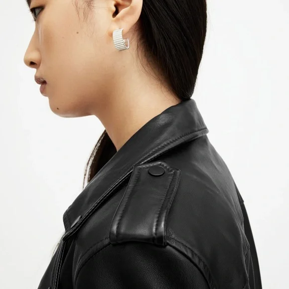 All Saints Black Balfern Belted Hem Leather Biker Jacket Size 2 - Picture 7 of 13